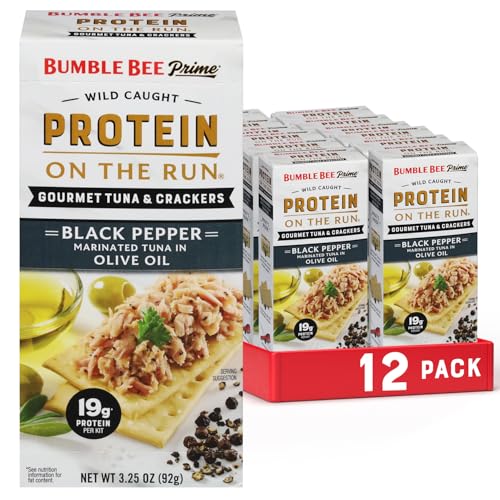 Image of Bumble Bee Prime Protein on the Run Tuna Snack Kit, Pack of 12 - Gourmet Tuna Marinated in Olive Oil & Black Pepper with Crackers and Serving Utensil - 19g of Protein Per Serving