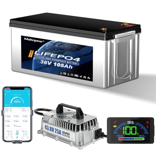 36V 105Ah LiFePO4 Battery, built-in Bluetooth 200A BMS and LCD...