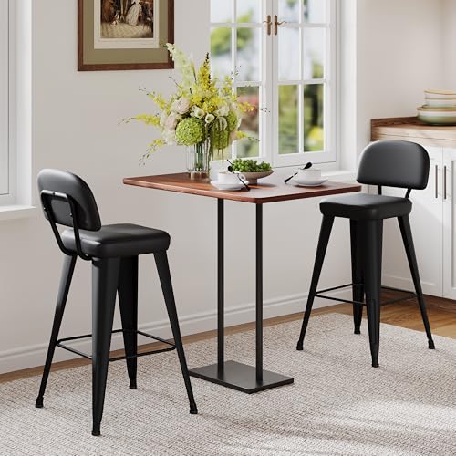 Image of Yongchuang 26 inch Black Bar Stools Set of 2 PU Leather Counter Height Stools with Back Metal Legs Upholstered Modern Kitchen Island Bar Chairs