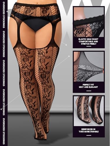 Image of Jadive 6 Pairs Women Plus Size Suspender Tights Fishnet Thigh High Stockings Garter Belt Lingerie Pantyhose