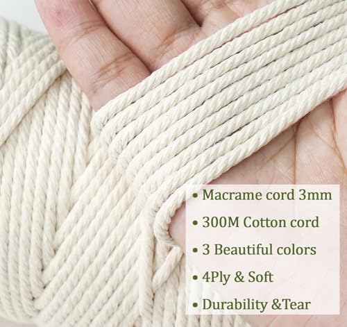 1Plusselect 3er Set Makramee Baumwollgarn 3mm - Militärgrün, Hellbraun, Beige – Bild 3
