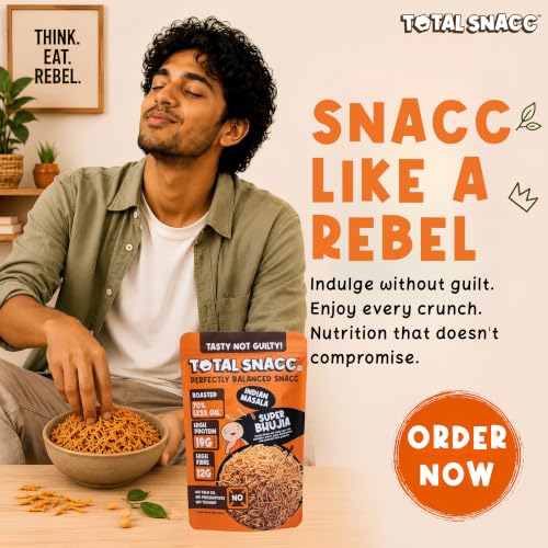 Image of TOTAL SNACC Roasted Bhujia Indian Masala (250g x 3) | High Protein 19g, High Fibre 12g | 70% Less Oil | No Palm Oil | Baked Bhujiya | Healthy Namkeen | High Protein Snacks | Diabetic Friendly | Millet Bhujia | Low Calorie