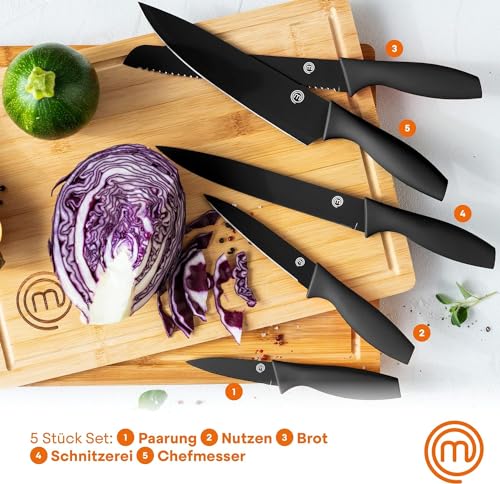 MasterChef Messer Set, Messerset mit Küchenmesser, Kochmesser, Brotmesser, Schälmesser & Allzweckmesser, Schneidemesser Küche Set, Scharfe Messer mit Edelstahlklingen, Softgriff, 5-teilig, Schwarz 2