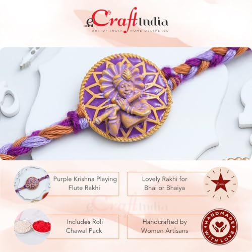 Image of eCraftIndia Purple Krishna Playing Flute Rakhi for Brother Bhaiya Bhai with Best Bro Ever Fridge Magnet | Roli Chawal Pack