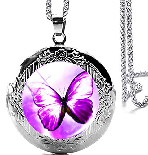 Silver Tone Beautiful Purple Butterfly Locket Pendant Necklace with 24