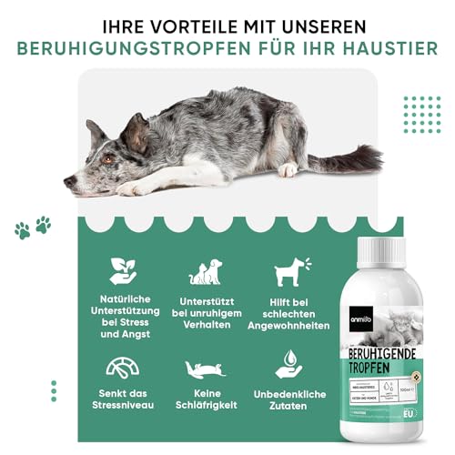 animigo Beruhigungsmittel für Hunde & Katzen - 100ml Entspannungs- & Anti-Stress-Mittel für Haustiere - Mit L Tryptophan, Vitamin D3, Zink, Taurin - Gelassenheit bei Stress, Feuerwerk, Unruhe & Reisen