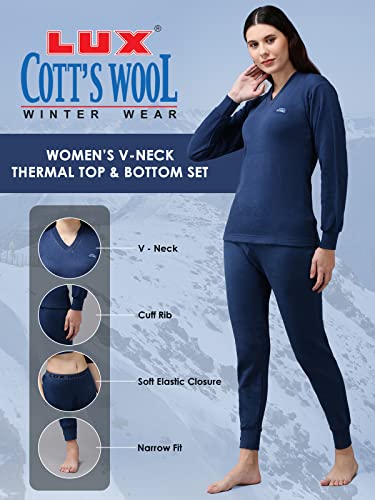 Image of Lux Cott's Wool Women's Thermal Set | Full Sleeves V Neck Solid Thermal Innerwear for Women | Soft Comfortable Body Warmer Set | Winter Top and Bottom