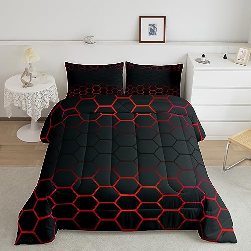Red and Black Honeycomb Comforter Full Size for Boys Girls, Geometry Honeycomb Comforter Set Ombre Honeycomb Bedding Set Beehive Hexagon Duvet Set 3Pcs