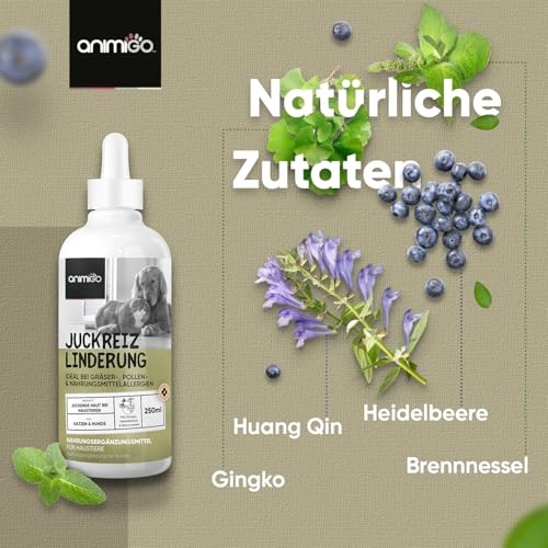 Juckreiz Linderung Tropfen - 250ml für Hunde und Katzen - Gräser-, Pollen- & Nahrungsmittelallergien - Mit Gingko, Brennnessel, Heidelbeeren & Huang Qin - Für alle Altersgruppen - animigo