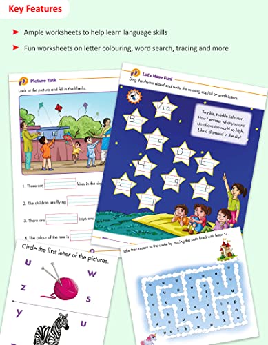 Image of Woodsnipe Alphabet Activity Books for Preschool Ages 2 to 5 years| Capital & Small Letter Tracing and Colouring |Worksheets on Puzzles, Vocabulary, Mazes, Phonics & more| Activity Books for LKG & UKG