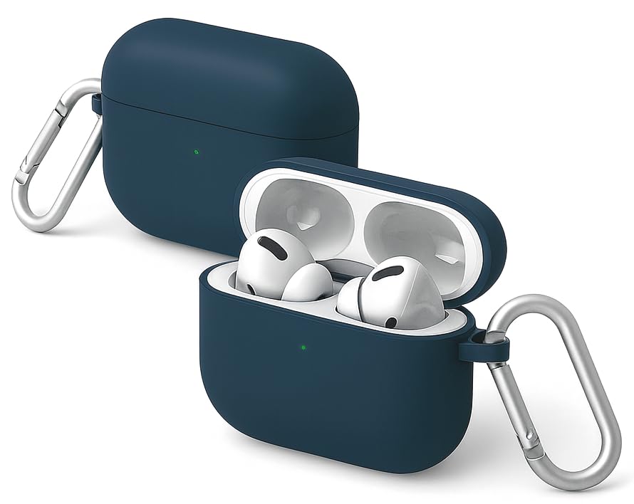Image of Hybrid Liquid Silicone Case Cover for Apple Airpods Pro 3 (2025), Hard PC, Matte Finish Coating with Heavy Duty Carabiner (Navy Blue, Liquid Silicone)