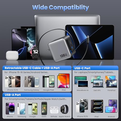 Image of 130W USB C Wall Charger,GaN III 3-Port Fast Charging Station,PD QC Foldable Charger Block Portable 65W USB C Laptop Adapter for MacBook Pro /Air,iPad Pro,Galaxy S23,Dell XPS,iPhone 16