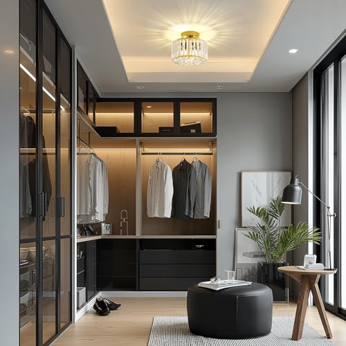 Image of FRIDEKO HOME Crystal Ceiling Light - Gold Small Chandelier Semi Flush Mount Ceiling Light Fixture Modern Lights for Hallway Bathroom Kitchen Entryway (9.05 Inch, Bulb not Included)