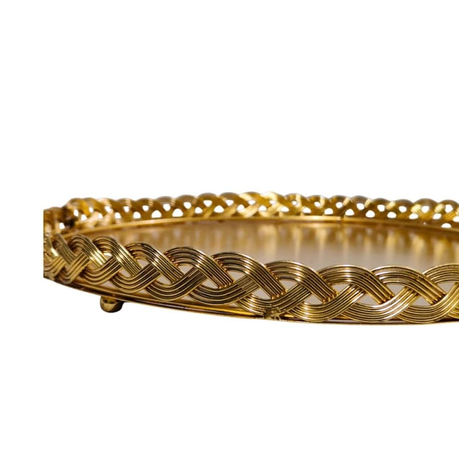 Image of Luxury Gold Round Decorative Serving Tray - 12-Inch Ornate Braided Metal Vanity Tray with Mirror-Finish for Coffee Table, Ottoman, Home Decor - Ideal for Afternoon Tea, Jewelry, or Dessert Display