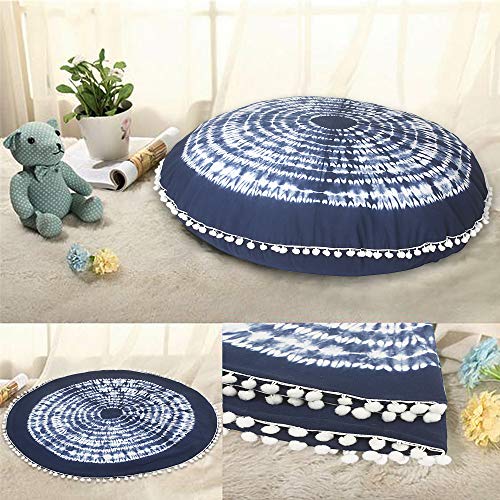 Rajrang Bringing Rajasthan To You Round Floor Pillow Cover 32 Inch Large Blue Decorative Meditation Cotton Cushion Case Bohemian Shibori Seating Pouf With Pom Pom For Home Decor #TOP2
