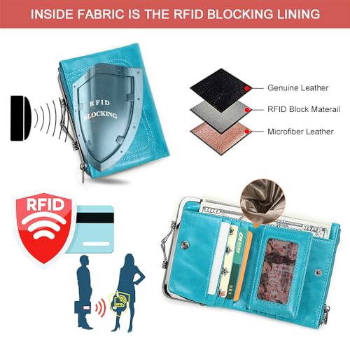 CONTACTS Full Grain Leather Kiss Lock Wallet for Women Kiss Clasp Coin Purse Vintage Small RFID Bifold Wallet (Blue)3