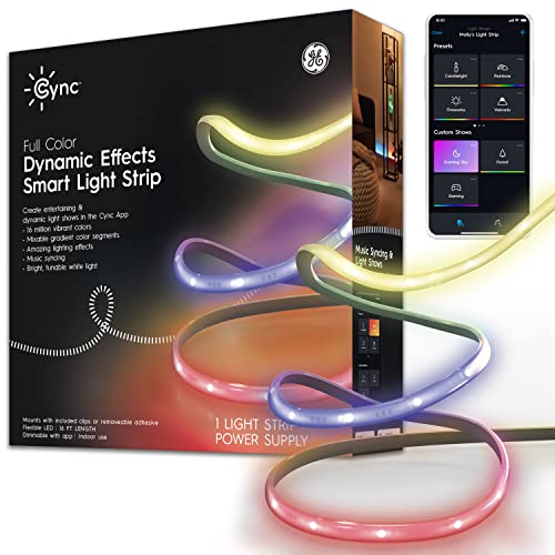 GE Lighting CYNC Dynamic Effects LED Smart Light Strip, Full Color, Indoor Strip Light, Bluetooth and Wi-Fi Enabled, 16 Foot GE Lighting CYNC Dynamic Effects LED Smart Light Strip, Full Color, Indoor Strip Light, Bluetooth and Wi-Fi Enabled, 16 Foot