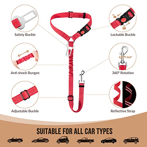 Image of SlowTon Dog Seat Belt for Car, 2 Pack Dog Car Harness Seatbelt with Bungee | 2 in 1 Pet Car Leash Headrest Restraint & Dog Safety Tether Clip, Adjustable with Elastic Buffer, Reflective, Red S