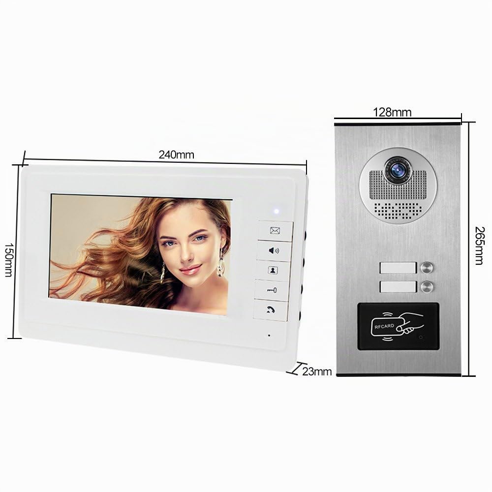 HFeng 7 '' Color con Cable intercomunicador Video Puerta Sistema teléfono Kit 700TVL RFID Acceso Entrada cámara Timbre IR visión Nocturna para 2 Apartamentos/Familia/casa