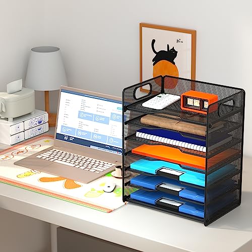 Samstar 7 Tier Paper Letter Tray, Mesh Desk File Organizer File Sorter Rack Shelves with Handles, Black image 2