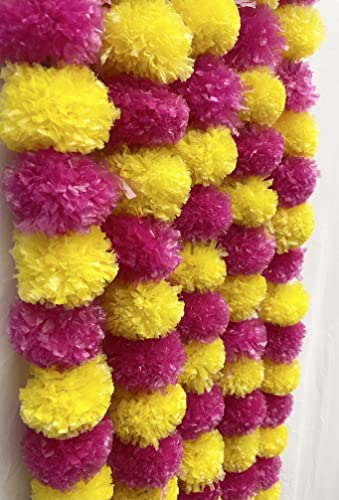 Image of SPHINX Artificial Marigold Fluffy Flower Garlands (Yellow & Rani Pink, 5 Pieces)
