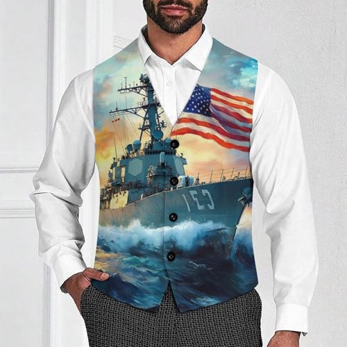 U.S Flag Warship Navy Battleship Men's Suit Vests Business Formal Dress Vest V-Neck Waistcoat for Wedding Casual2