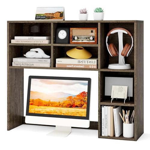 Image of Tangkula Desktop Bookshelf, 37 inch Countertop Storage Hutch with 7 Cubes & 3 Adjustable Shelves, 3-Tier Desk Display Rack Organizer, Multipurpose Wood Desktop Hutch for Dorm Home Office (Grey)