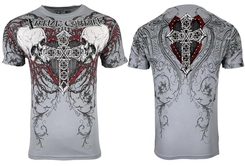 Xtreme Couture by Affliction Men's T-Shirt Repent, Gothic Cross Skull Design, Short Sleeve, Gray2