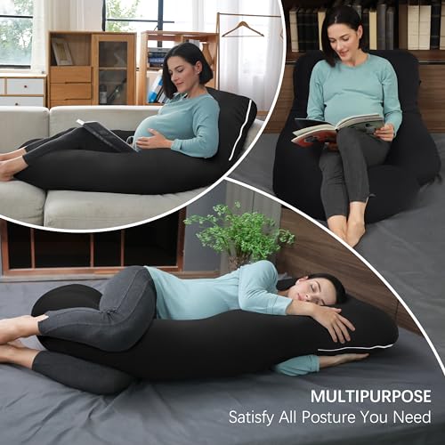 Image of MOON PARK Pregnancy Pillows for Sleeping - U Shaped Full Body Maternity Pillow with Removable Cover - Support for Back, Legs, Belly, Hips - 57 Inch - Black - Cooling Cover