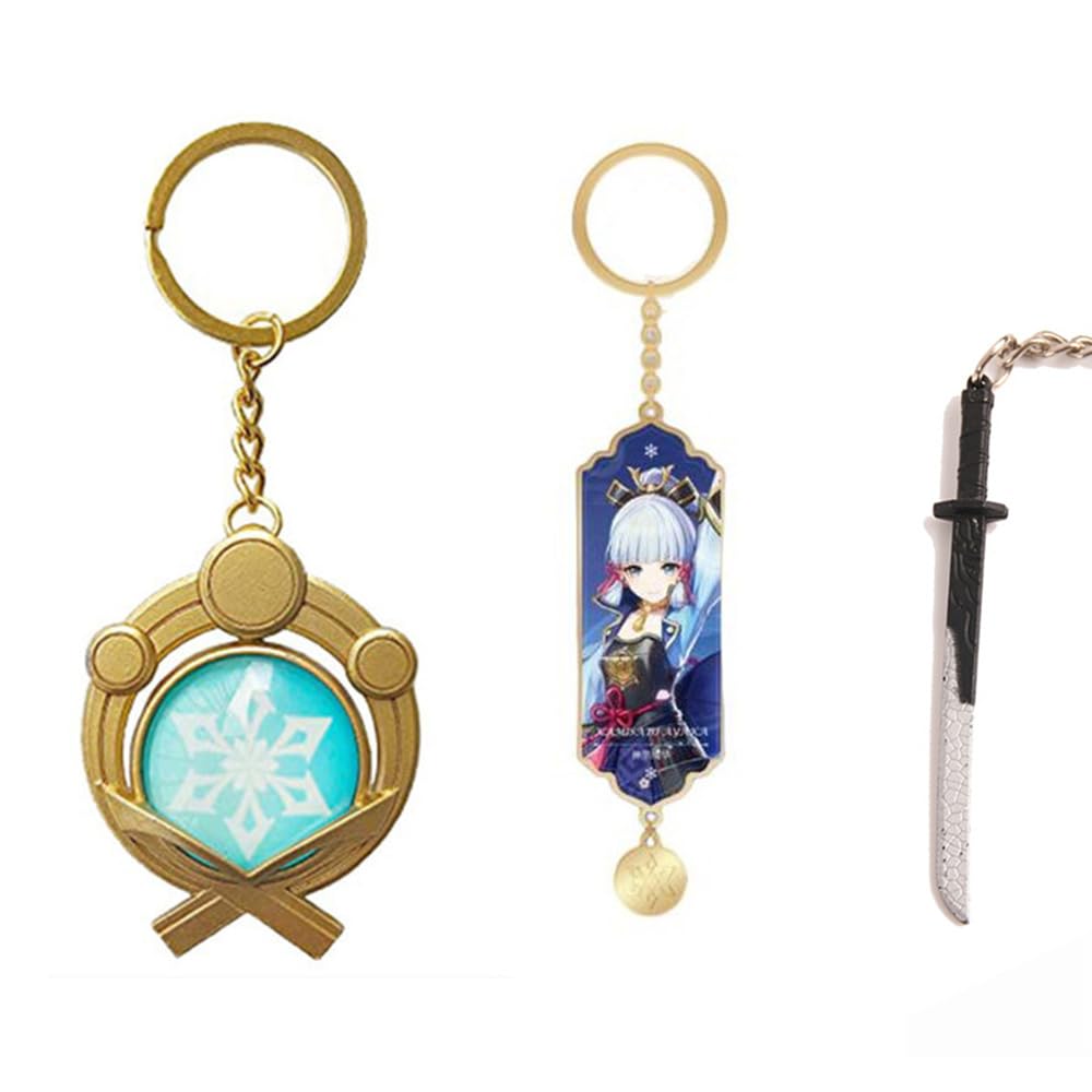 iTopCat 3PCS Genshin Key Chain Toy Impact Inazuma Vision Cryo Luminous Kamizato Ayaka Genshin Weapons Cosplay Accessories FT107, Silver, M
