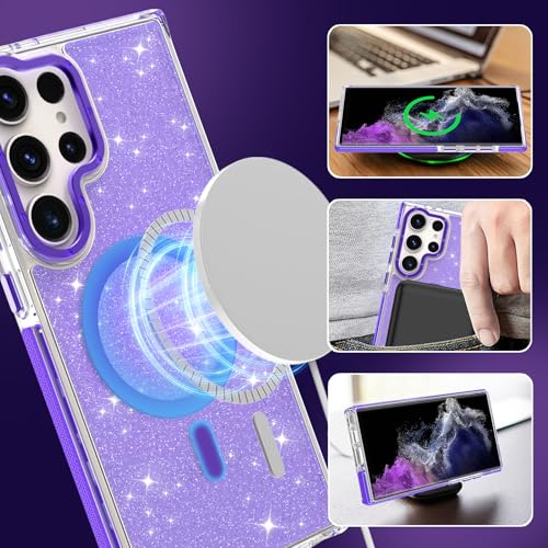 Image of Magnetic Case for Samsung Galaxy S22 Ultra [Compatible with Magsafe] [Bling Glitter Fluorescent Design] [1 Screen Protector] Slim Translucent Matte Case for Galaxy S22 Ultra 6.8 inch, Purple
