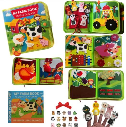 Libro Sensorial Montessori Bilingüe español/inlgés. Bebés y Niños 1-5 Años, Busy Board montessori, juegos sensoriales autismo, Pegatinas extras, Juguete Montessori, regalo cumpleaños, viaje