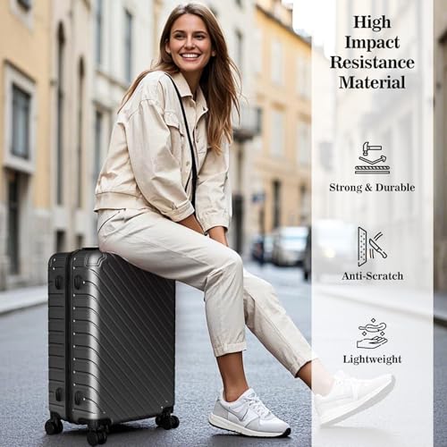 Apelila 4 Piece Hardshell Luggage Sets,Travel Suitcase,Carry On Luggage with Spinner Wheels Free Cover&Hanger Inside4PC (BLACK Wave)