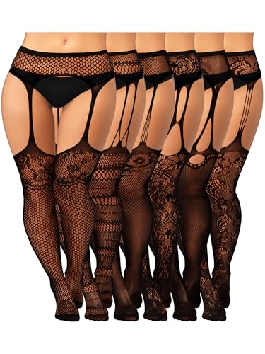 Image of Jadive 6 Pairs Women Plus Size Suspender Tights Fishnet Thigh High Stockings Garter Belt Lingerie Pantyhose