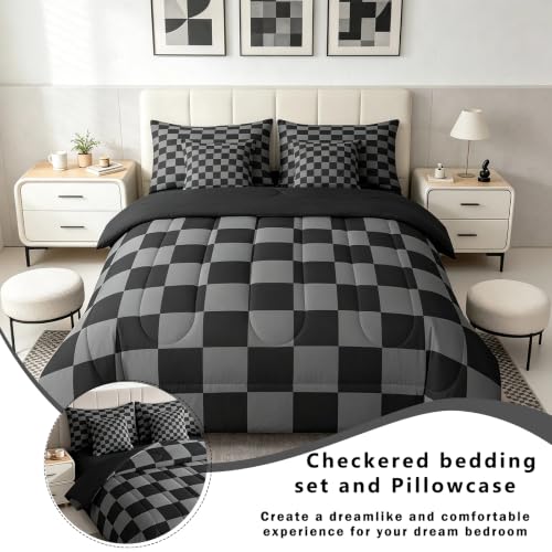 Image of Checkered Retro Comforter Set King Size 7 Pieces Black Grey Plaid Bedding Set for Kids Boys Girls Geometric Vintage Bed in a Bag Modern Simple Groovy Aesthetic Bedroom Decor Quilted Lightweight