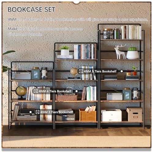 4NM No Assembly 5 Tiers Folding Bookshelf Storage Shelves Vintage Bookcase Standing Racks Study Organizer Home Office (Rustic Brown Black) - Image 6