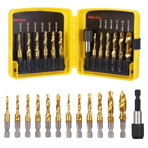 HSEAMALL - Lote de 13 machos de roscar combinados, 6 mm, HSS, M3-M10, SAE 6-32NC hasta 1/4-20 NC para taladrar, roscar y fresar, hierro, aluminio, cobre, metal