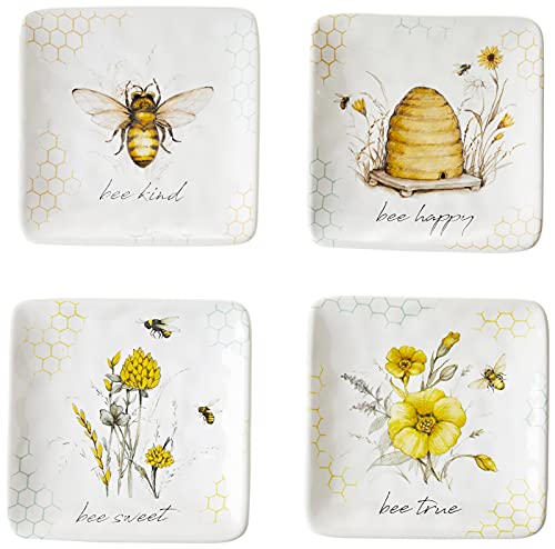 Bee Sweet 6" Canapé & Luncheon Plates, Set of 4 – Assorted Bee & Floral Designs with Uplifting Sayings, Durable Ceramic Appetizer Plates for Spring Entertaining & Cottagecore Décor by Certified International - Used condition - US$20.71