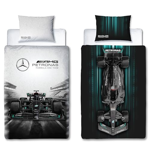 Character World Mercedes AMG Petronas - Juego de Funda de edredón Oficial para Cama Individual, diseño de Horizonte | Funda de Cama Reversible Gris de Fórmula 1 de 2 Caras, Producto Oficial Incluye