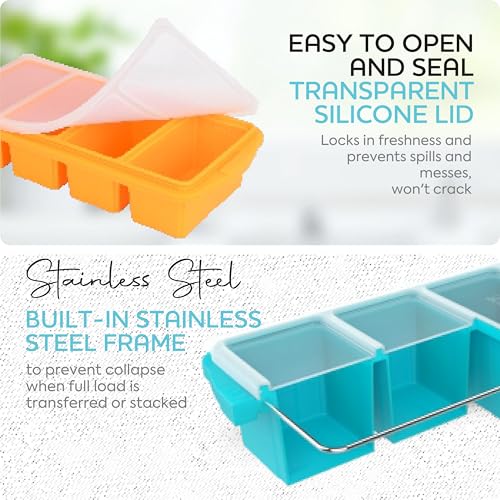 Image of XOMOO Silicone Freezer Tray With Lid - Soup Freezer Container molds - Large Ice Cube Tray- makes 8 perfect 1 cup portions cubes, 2-Pack Freezer Storage Food Soups & Meal Prep - Oven & Dishwasher -Safe