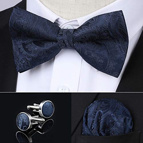 Image of HISDERN Bow Ties for Men Pretied Bow Tie Set Paisley Classic Bowties and Pocket Square Cufflinks Set for Wedding Party