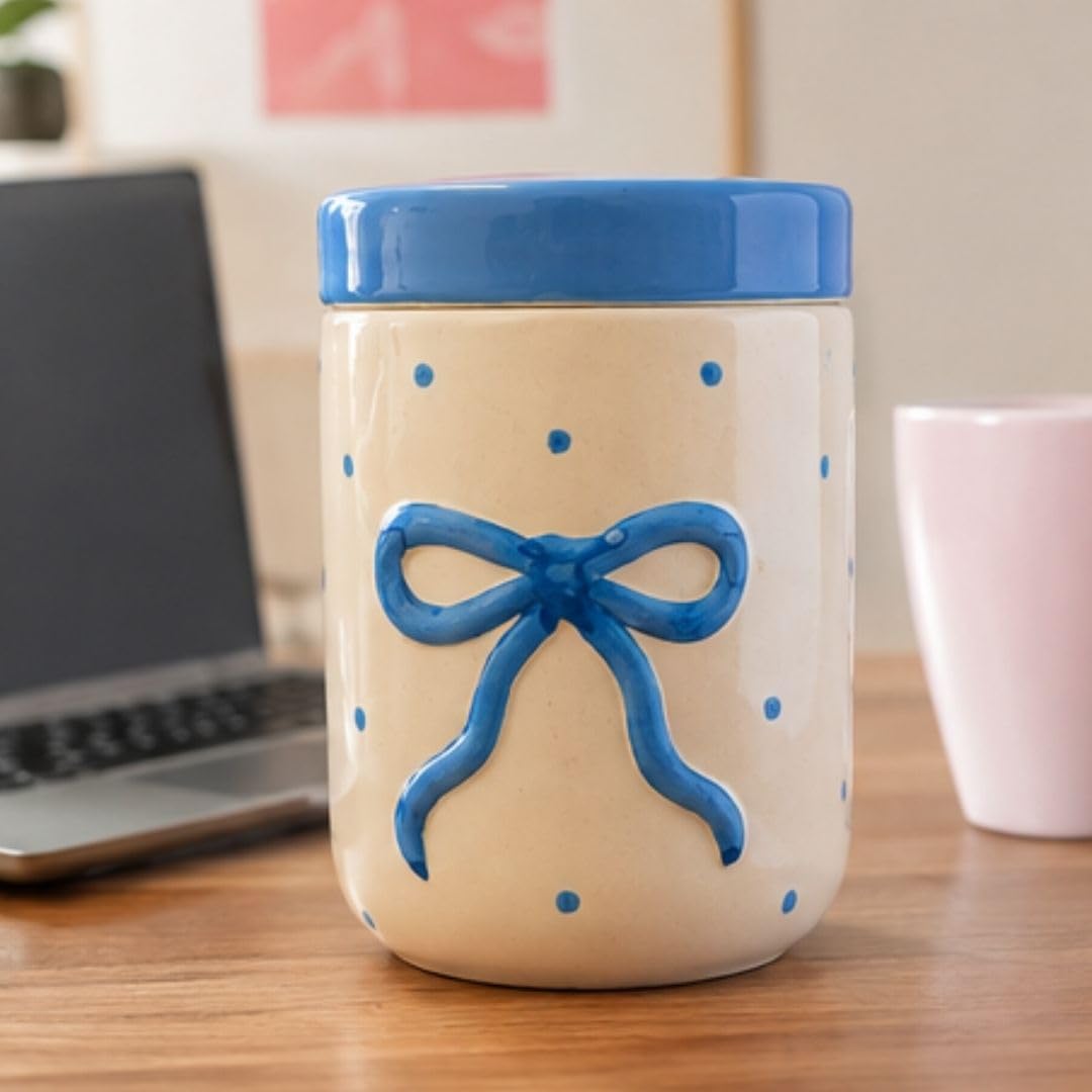 Craftribal Ceramic Blue Bow Jar With Lid 700 ML Storage Container Jar | Handmade Storage Jar for, Coffee, Sugar, Dry Fruits, Cookies & Snacks |Multipurpose Storage Jar |-image-32
