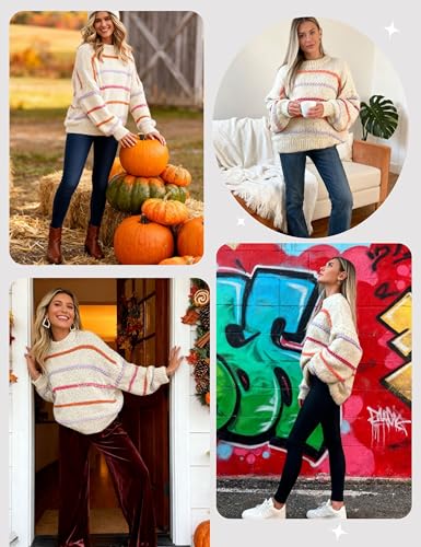 Image of QIBABU Womens Striped Sweaters Casual Lantern Sleeve Color Block Knit Pullover Sweater Tops