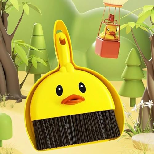 مجموعة مكنسة وجاروف صغيرة متعددة الوظائف على شكل بطة كرتونية لتنظيف المساحات الضيقة أو الصغيرة