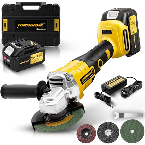 Image of Tomahawk TSG-1525 20V Brushless Cordless Angle Grinder with 2 x 3.0Ah Batteries & Charger | 4 Inch Disc | 3-Speed up to 8500 RPM | Trigger Lock