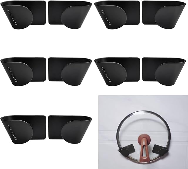 GIRAFEDA 10Pcs Pot Lid Racks Wall Mount Pan Lid Holder Punch-Free Pot Lid Storage Organizer Adjustable Hanging Pan Cover Organizer Plastic Cutting Board Storage for Home Kitchen (Black)