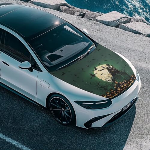 Image of Green Spooky Witch Castle Print Car Hood Cover Protector 59x39 Inch Stretchable Auto Hood Wraps Waterproof Halloween Automotive Exterior Accessories for Most SUV Sedans Trucks