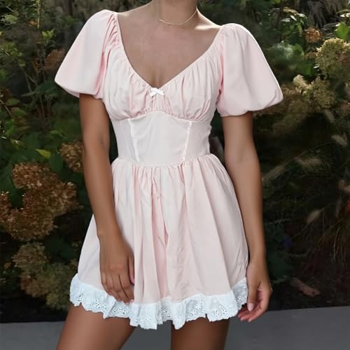 Image of Women Y2k Puff Sleeve Babydoll Dresses Square Neck Tie Back Mini Dress Summer Solid Off Shoulder Flowy Sundress