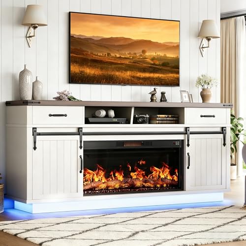 Jocoevol 70 Fireplace TV Stand with 36 Electric Fireplace Tall Farmhouse TV Stand for 65/75 Inch TV Entertainment Center TV Console with 2 Drawers Sliding Barn Door for Living Room - White
