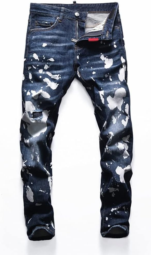 Brand Jeans Art Printing Jean Pant Men Slim Denim Trousers Button Pencil Pants for